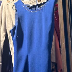 Kasper Blue Midi Dress with Colorful Embellishments